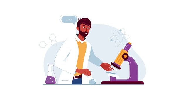 Animated scientist using microscope in chemistry lab with glassware