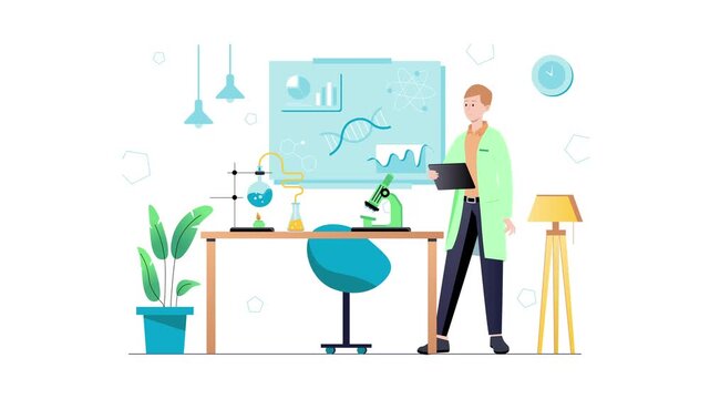 Animated scientist working in modern lab with microscope and DNA charts