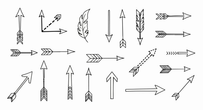 Hand-drawn arrows and a feather in various styles on a white background