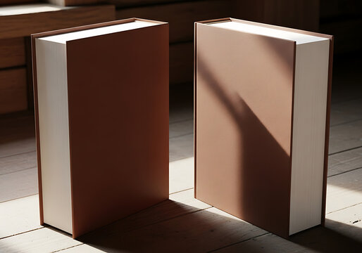 Two plain brown cardboard boxes standing upright on a wooden floor, ready for shipping, storage, or packaging with copy space, carton box