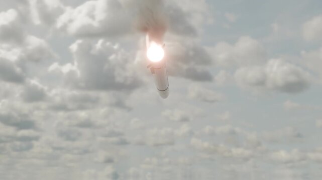3d animated military missile flies through the sky. The camera rotates 360 degrees around the missile in a seamless loop.