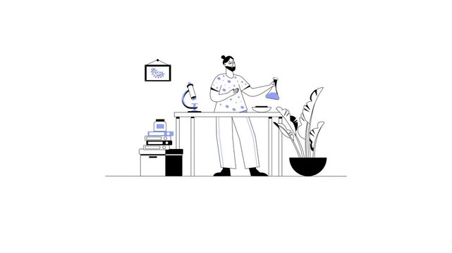 Animated minimalist researcher experimenting in creative home laboratory