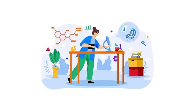 Animated female scientist analyzing bacteria under microscope in lab