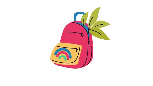 Playful animated science backpack illustration with rainbow and leaves