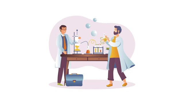 Animated scientists conducting chemistry experiment in modern laboratory