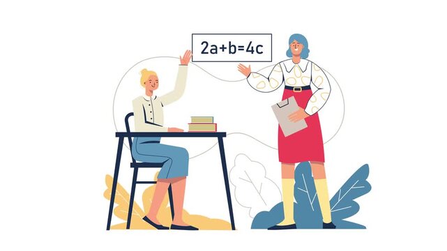 Female teacher helping student solve algebra equation in classroom vector