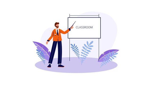 Teacher pointing at classroom sign in flat vector animation scene
