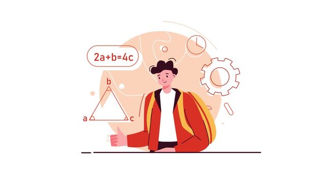 Animated math student with geometry formulas and gear on white background