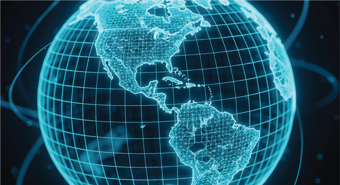 Digital global network globe with blue glowing grid, futuristic world map showing North and South America, high-tech communication and data vector