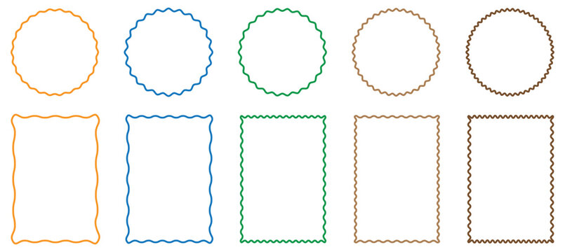 Zig zag wavy edge rectangle and circle frame or border shapes set. Collection of decorative wavy line borders and frames.