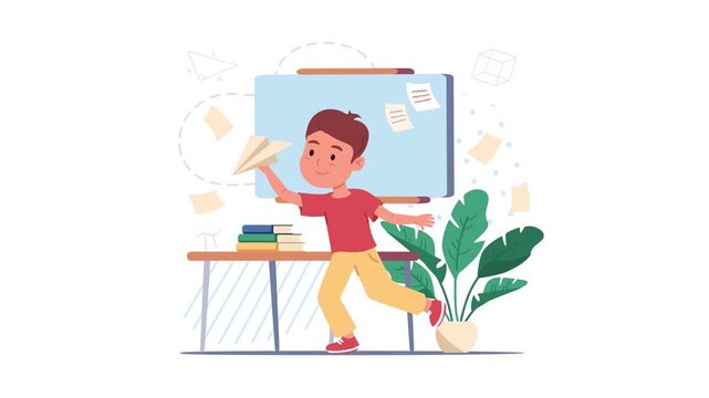 Animated schoolboy playing with paper airplane at classroom desk