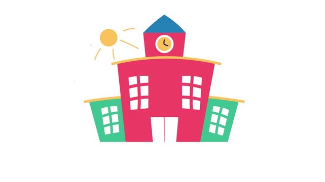 Colorful cartoon school building with sun and clouds, animated