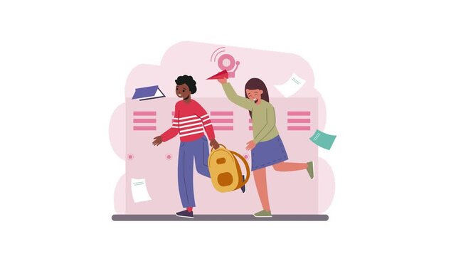 Animated schoolchildren with backpack walking past lockers in school hallway
