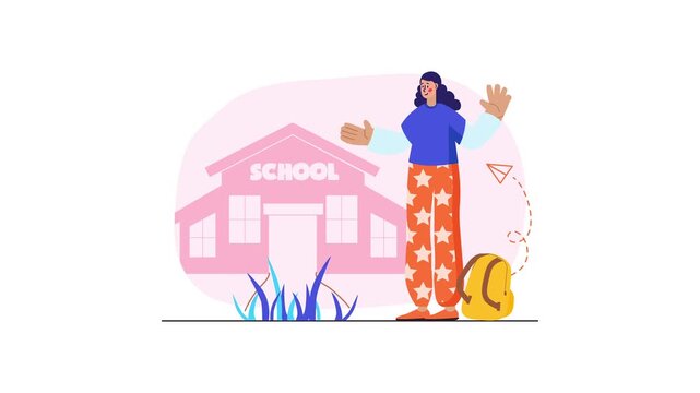 Animated happy student waving beside pink school building with backpack