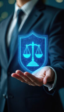 Man in suit holds glowing digital shield with scales of justice. Represents AML CFT financial security legal compliance and anti money laundering.