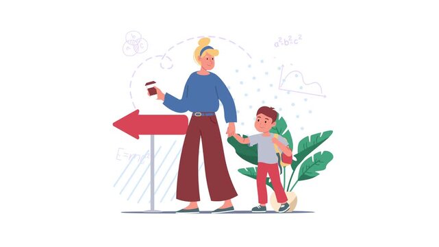 Mother and schoolboy by school sign with educational doodles animation