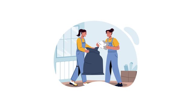 Flat animation of two women cleaning apartment with trash bag and supplies