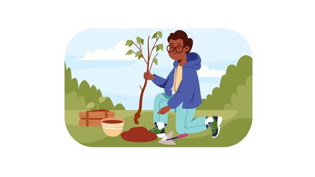 Vector illustration of young gardener planting a sapling in park
