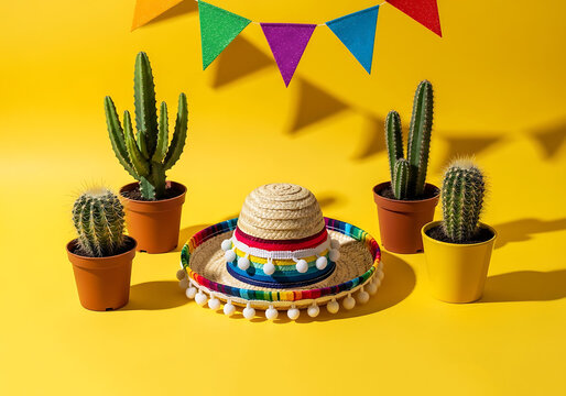 Colorful sombrero hat with pom poms and cacti on yellow background with party flags