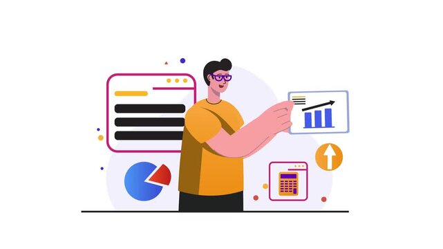 Flat design animation of man presenting data analytics and growth charts