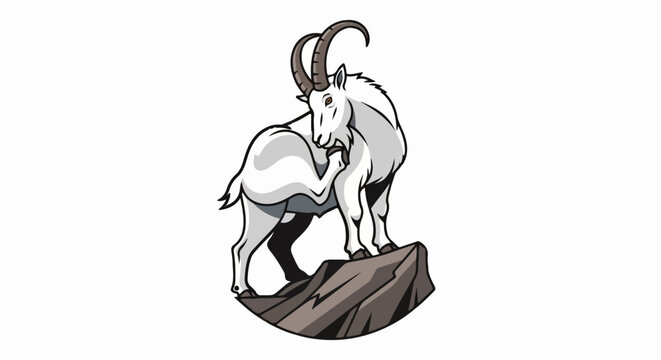 Stylized white goat with curved horns on a rocky perch