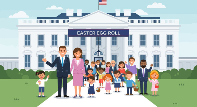 A dignified flat design illustration showing the President and First Lady warmly greeting guests at the White House for the annual Easter Egg Roll event.