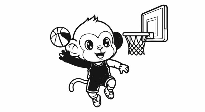 Cartoon monkey in basketball uniform jumping to shoot ball into hoop