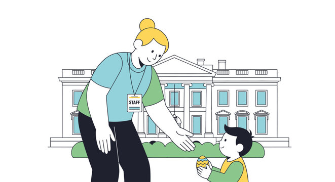 This flat design illustration depicts a kind volunteer assisting a child at the White House Easter Egg Roll, highlighting the community spirit of the event.