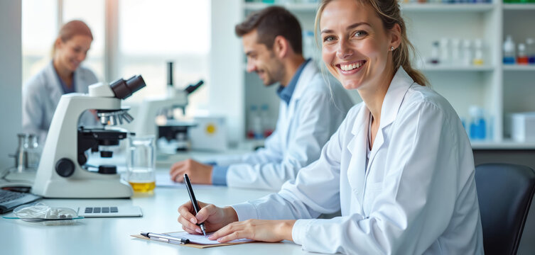 Happy woman scientist works in lab. Colleague analyzes data. Team research for pharma development. Medical and science professionals record findings with clipboard and microscope.