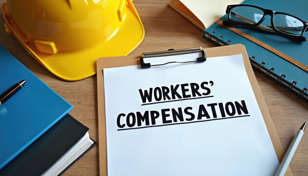 Clipboard shows workers compensation policy document. Yellow hard hat safety equipment and glasses on desk. Paperwork and pen are ready for review. Legal compliance for work.