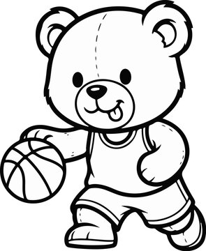 A playful bear character dribbles a basketball, wearing a jersey and shorts