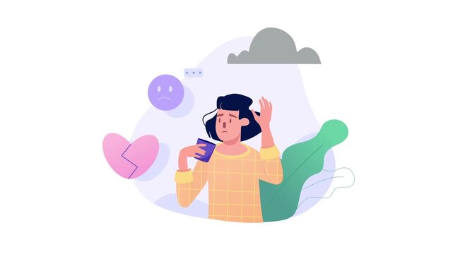 Sad woman with phone, broken heart and cloud, mental health animation