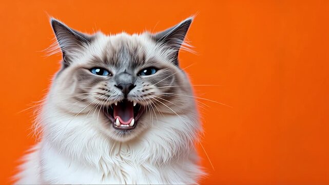 Fluffy cat with blue eye yawning wide against bright orange background. Expressive feline pet showing sharp teeth and pink tongue in sequence of mouth movement.