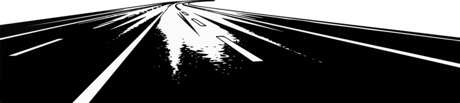 A stylized, high-contrast, graphic depiction of a curving highway with lane markings disappearing into the distance
