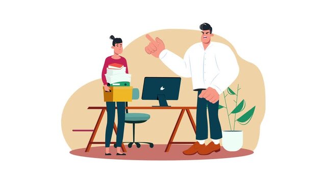 Animated office conflict with boss reprimanding stressed employee