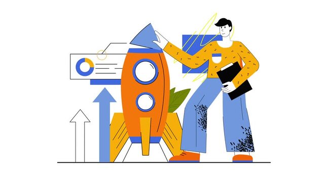 Animated startup growth concept with man and rocket launch illustration