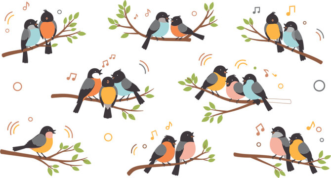 Cute birds singing on branches cartoon set with musical notes nature illustration collection