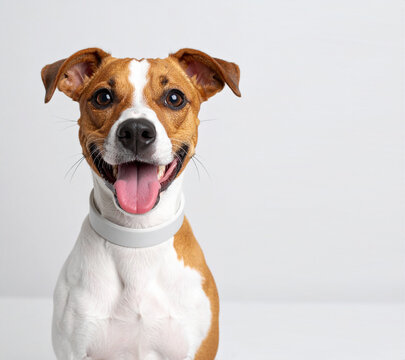 Perro feliz de color marr&oacute;n y blanco, con collar antipulgas sobre fondo neutro, concepto de cuidado de mascotas, salud animal, prevenci&oacute;n de par&aacute;sitos y veterinaria