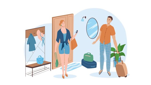 Animated couple packing luggage in a hotel room before vacation