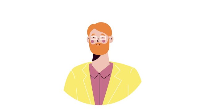 Smiling red-haired man with glasses in yellow jacket, flat vector illustration