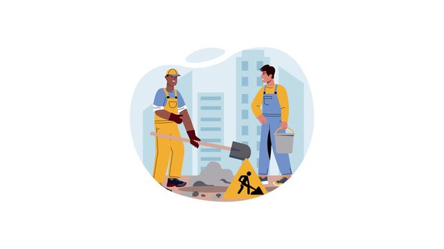 Animated roadwork workers with warning sign in city street illustration