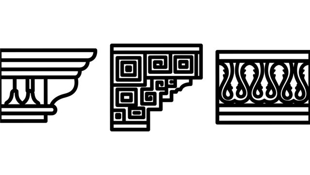 Ancient architectural decorative border patterns and cornice elements set in black and white line art featuring greek fret meander motifs and classical ornate leaf scroll design details for decor