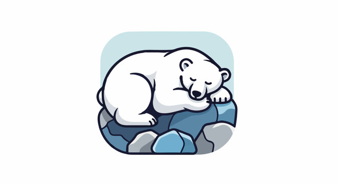 Adorable polar bear cub naps peacefully on blue icy rocks