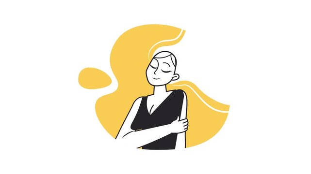 Animated minimalist woman with crossed arms on yellow abstract background