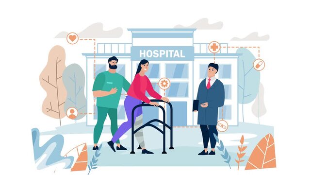 Animated hospital entrance with patient using walker and doctor support