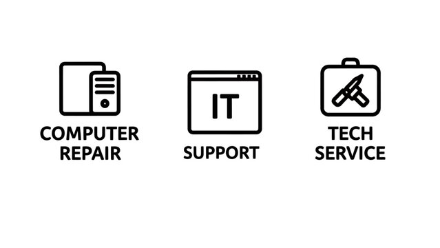 It computer repair, technical support, and tech service icons featuring desktop hardware, browser window, and tools for business maintenance and software troubleshooting isolated on white background