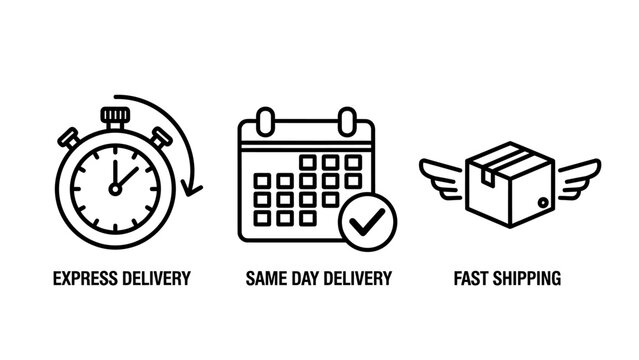 Set of three linear icons representing express delivery, same day delivery, and fast shipping for logistics, transport, and e-commerce business services, e commerce