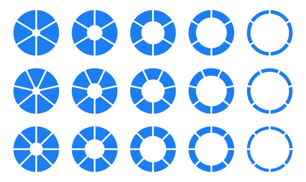 Circle division on 6, 7, 8 equal parts. Infographic wheel round divided blue diagrams six, seven, eight segments. Coaching blank. Section flat graph. Set of pie, pizza chart icons. Donut empty charts.