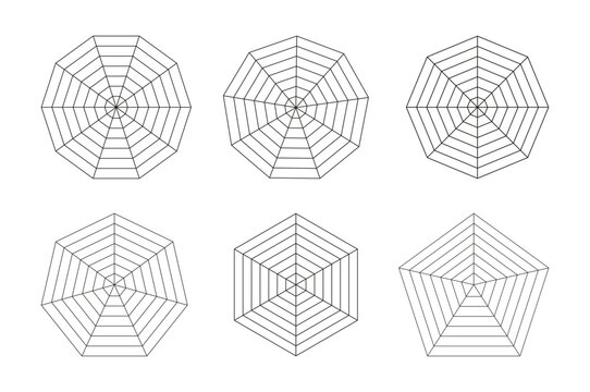 Radar, spider diagrams. Spider black mesh. Polygon graphs layout. Charts for statistic, analytic. Blank radar templates. Set of simple coaching tools. Flat grid with segments.