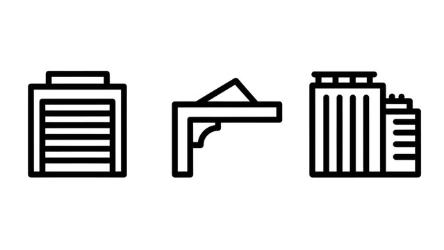 Set of real estate and architectural icons featuring storage unit, building frame, and commercial structure in a clean minimalist line art style for construction and development project graphics